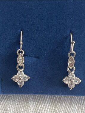 Silver Tone Floral CZ Crystal Dangle Earrings | Clover Cluster Drop French Wire
